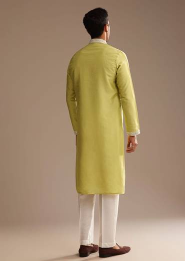Yellow Silk Kurta Set With Yoke Embroidery