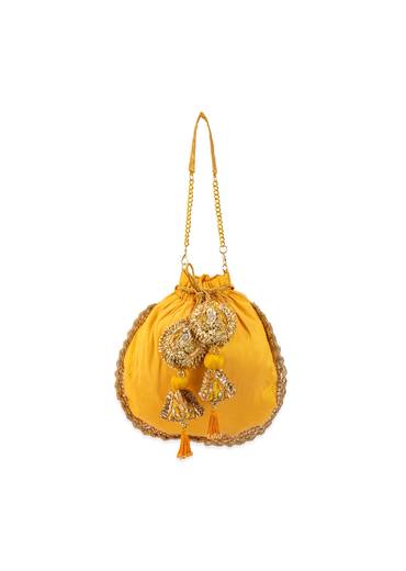 Yellow Silk Peacock Motif Embroidered Potli Bag
