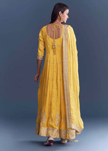 Yellow Tissue Anarkali Suit With Sequins And Zari Work