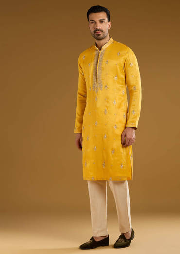 Yellow Tissue Kurta Set For Men With Zari And Sequins Work