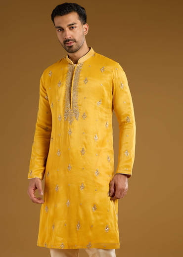 Yellow Tissue Kurta Set For Men With Zari And Sequins Work