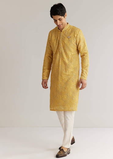 Yellow Tissue Resham Embroidered Kurta Set With Cutdana Beads