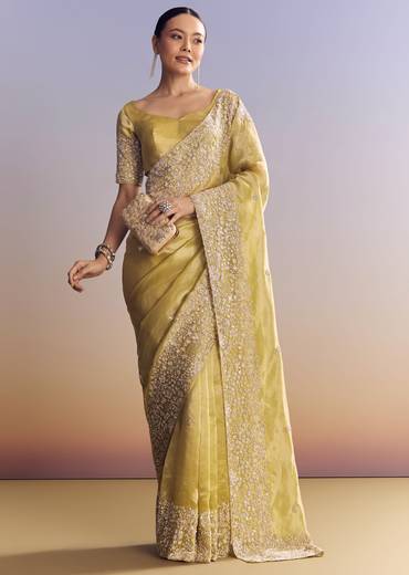 Yellow Tissue Saree With Heavy Floral Embroidered Border