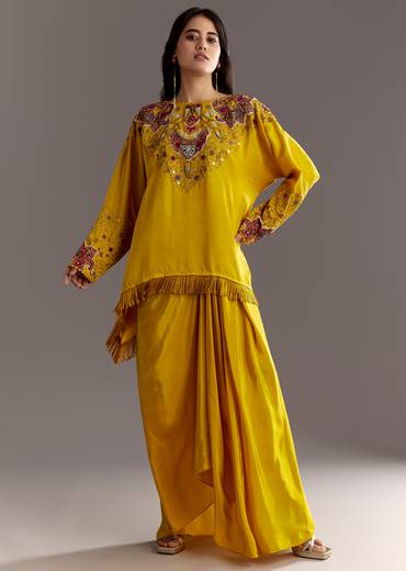Yellow Tussar Silk Kurta Skirt With Beads And Threadwork