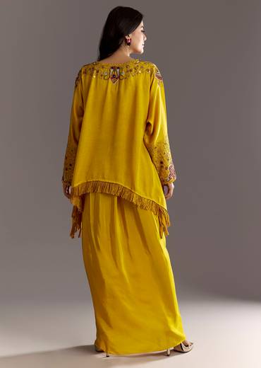 Yellow Tussar Silk Kurta Skirt With Beads And Threadwork