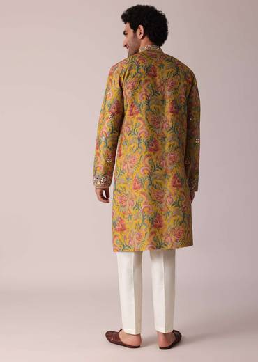 Yellow Floral Printed Silk Kurta Set For Men