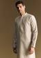 Beige Banarasi Jacquard Kurta Set With Intricate Cutwork