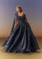 Blue Embroidered Gown With Asymmetric Shoulder Cape