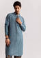 Blue Linen Kurta Set With Ajrakh Print
