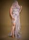 Gold One Shoulder Drape Gown With Embroidered Floral Brooch And Trail