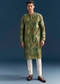Green Silk Printed Kurta Set For Men With Foil Butti Work
