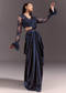 Navy Blue Satin Pleated Saree With Full Sleeve V Neck Blouse