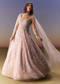 Pastel Pink Gown With Sheer Cape Drape And Heavy Embroidery