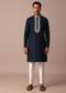 Navy Blue Kurta In Linen With Embroidered Yoke