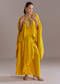 Yellow Silk Kaftan Top And Drape Skirt Set With Embroidery