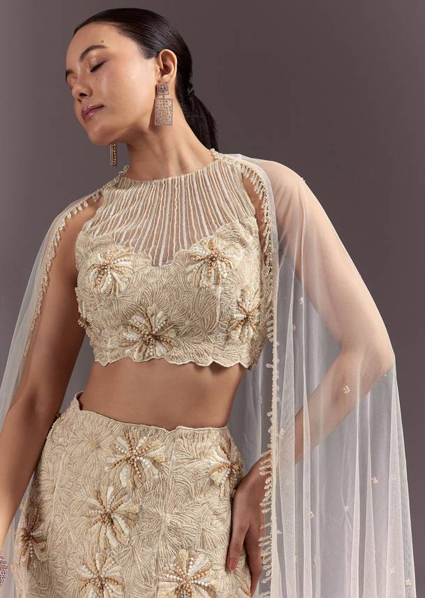 Off White Embroidered Blouse With Fish Cut Skirt And Dupatta
