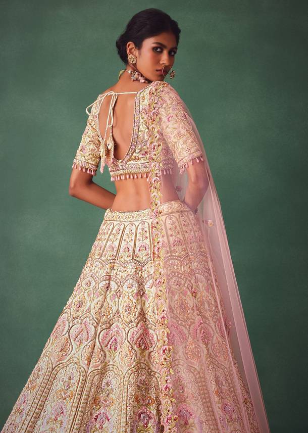 Off White Bridal Lehenga Blouse And Dupatta With Multi Colour Thread Work