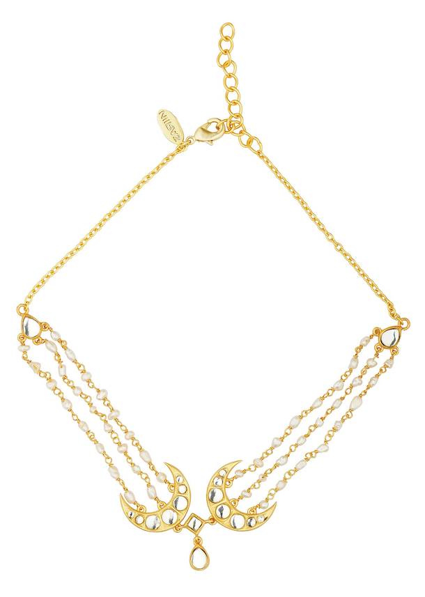 Gold Choker Necklace With Crescent Motifs And Pearl Detailing