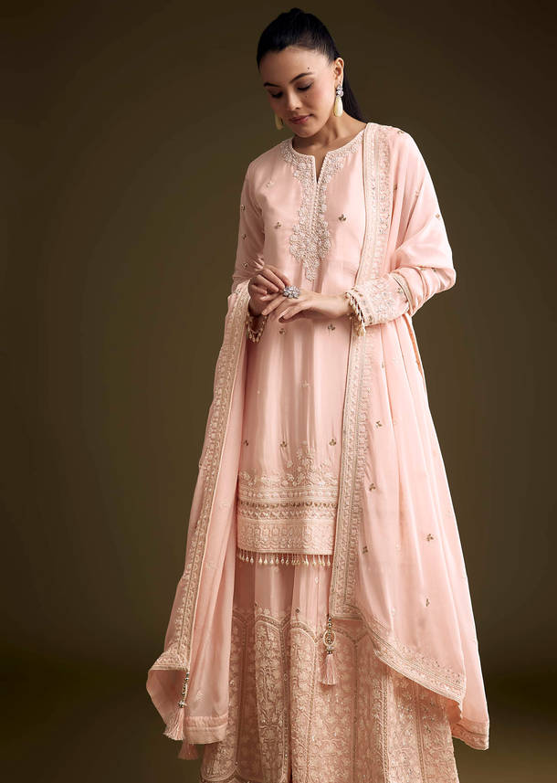 Baby Pink Chinon Palazzo Suit With Thread And Sequins Work