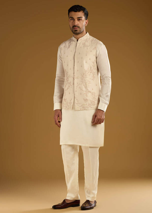 Beige Banarasi Silk Kurta Jacket Set For Men With Hand Embroidery