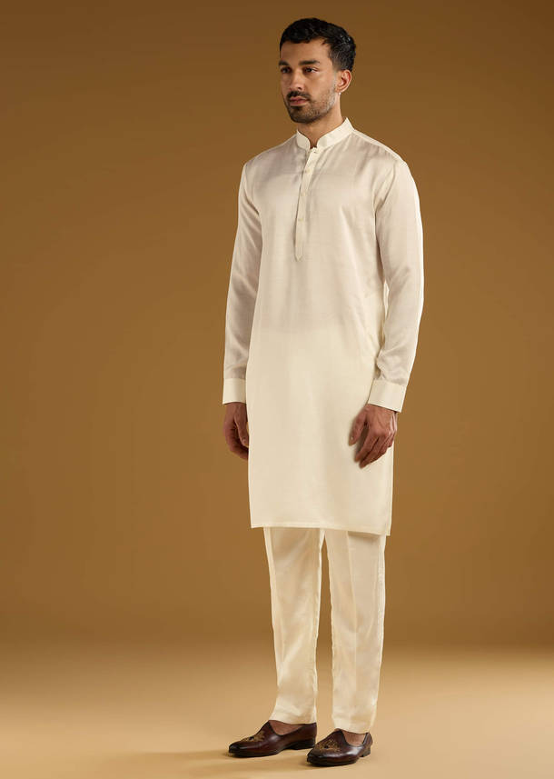 Beige Banarasi Silk Kurta Jacket Set For Men With Hand Embroidery