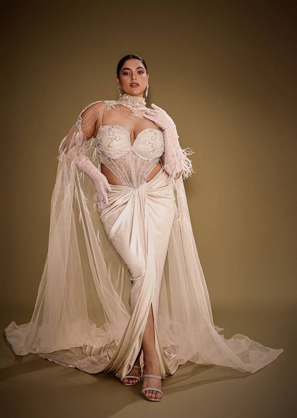 Beige Embroidered Drape Gown With Full Length Embroidered Cape