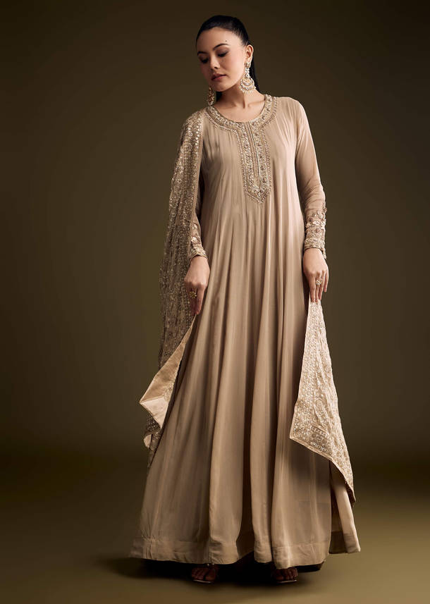 Beige Georgette Anarkali Suit With Thread And Sequins Embroidery