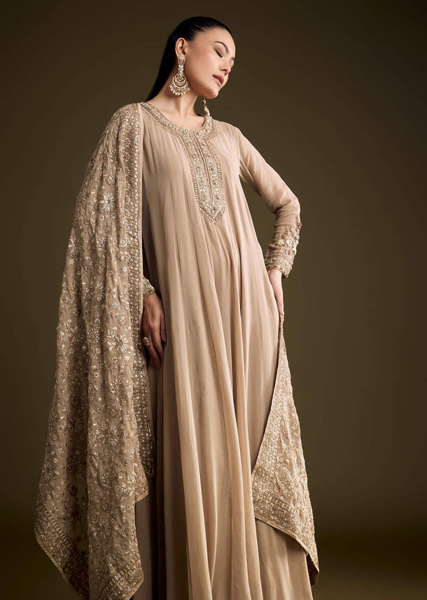 Beige Georgette Anarkali Suit With Thread And Sequins Embroidery
