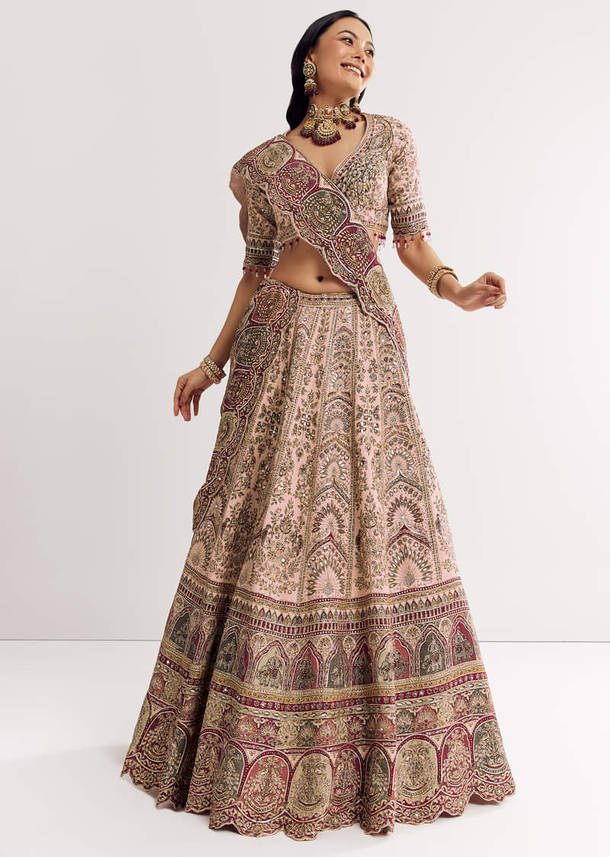 Beige Georgette Printed V Neckline Lehenga With Crepe Dupatta