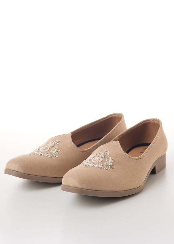 Beige Mens Footwear with Silver Thread Embroidery