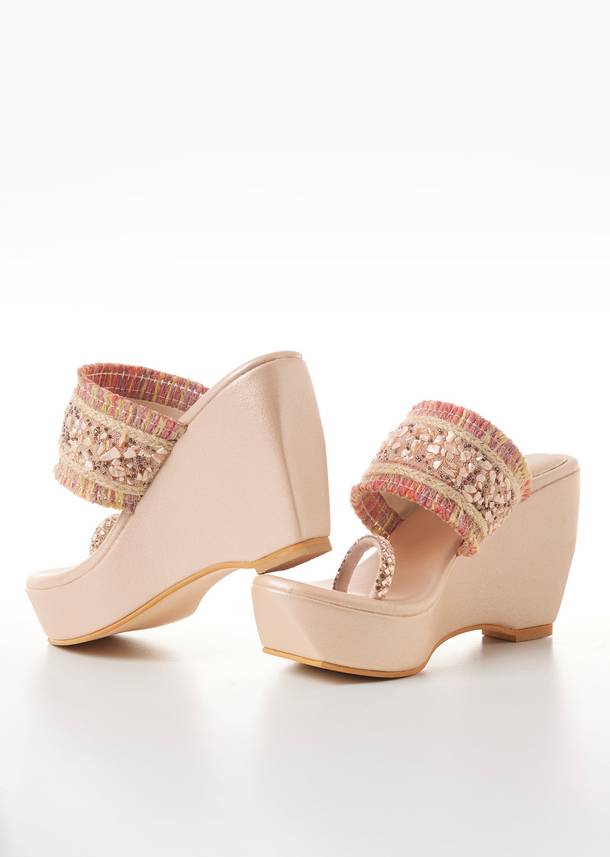 Beige Platform Toe Ring Wedges With Sequin Detailed Broad Strap
