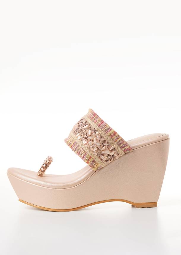 Beige Platform Toe Ring Wedges With Sequin Detailed Broad Strap