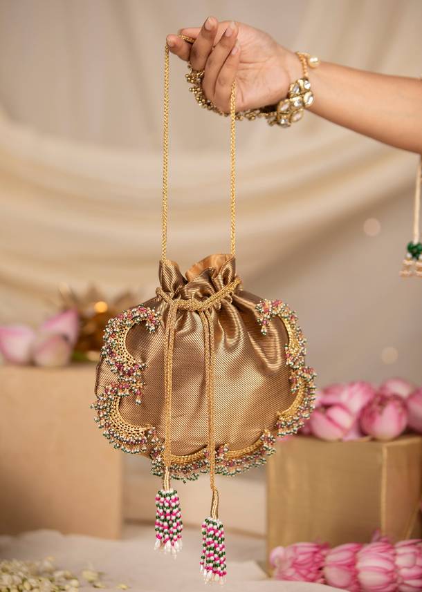 Beige Satin Potli Bag with Crescent Motif