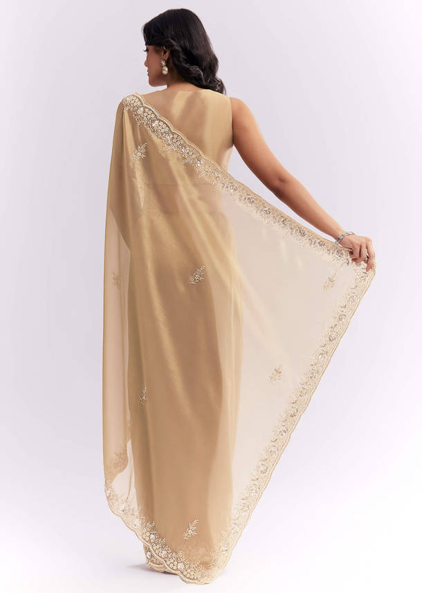 Beige Tissue Silk Saree With Heavy Hand Embroidery