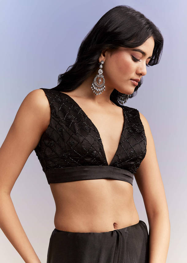 Black Satin Chinon Saree With Heavy Hand Embroidery