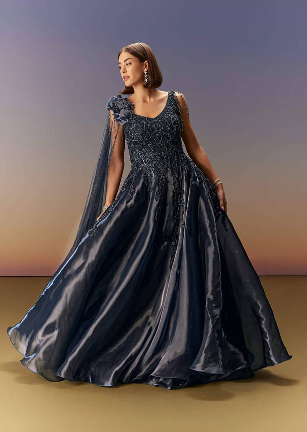 Blue Embroidered Gown With Asymmetric Shoulder Cape