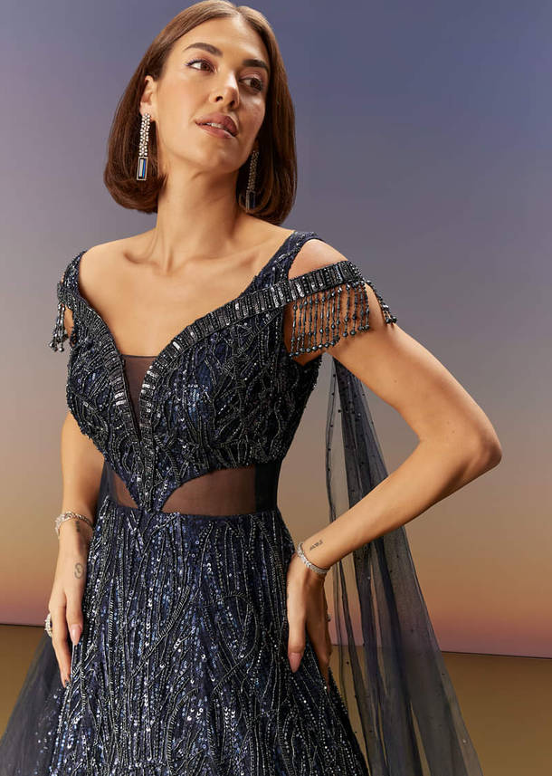 Blue Sequin Embroidered Gown With Tassel Detailing