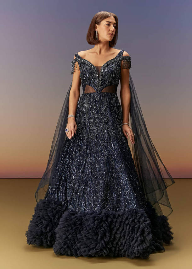 Blue Sequin Embroidered Gown With Tassel Detailing