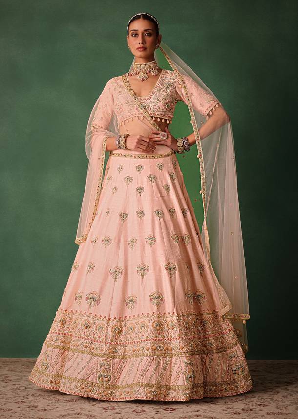 Blush Pink Raw Silk Zardosi Embroidered Bridal Lehenga Set