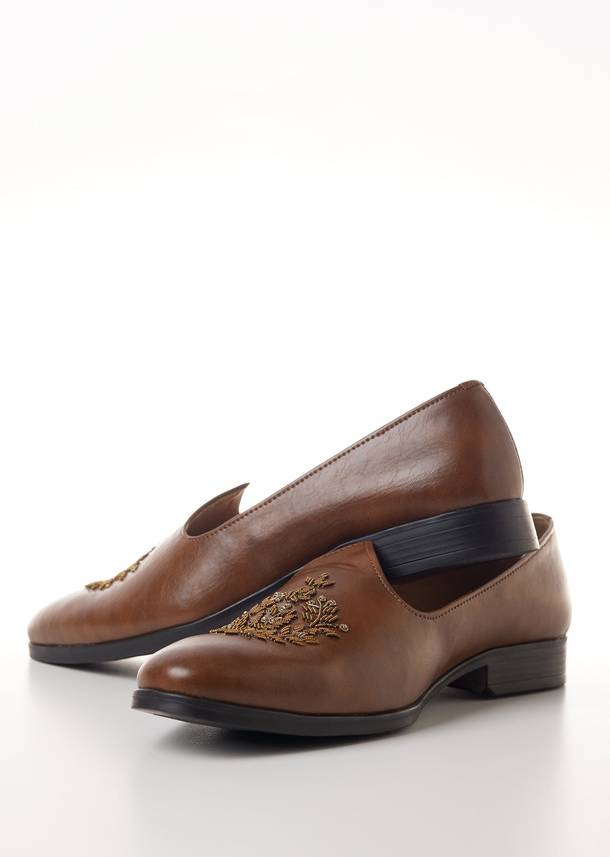 Brown Faux Leather Mens Loafers with Gold Thread Embroidery