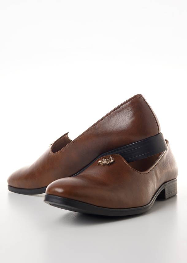 Brown Faux Leather Mens Loafers with Metallic Sun Motif Embellishment
