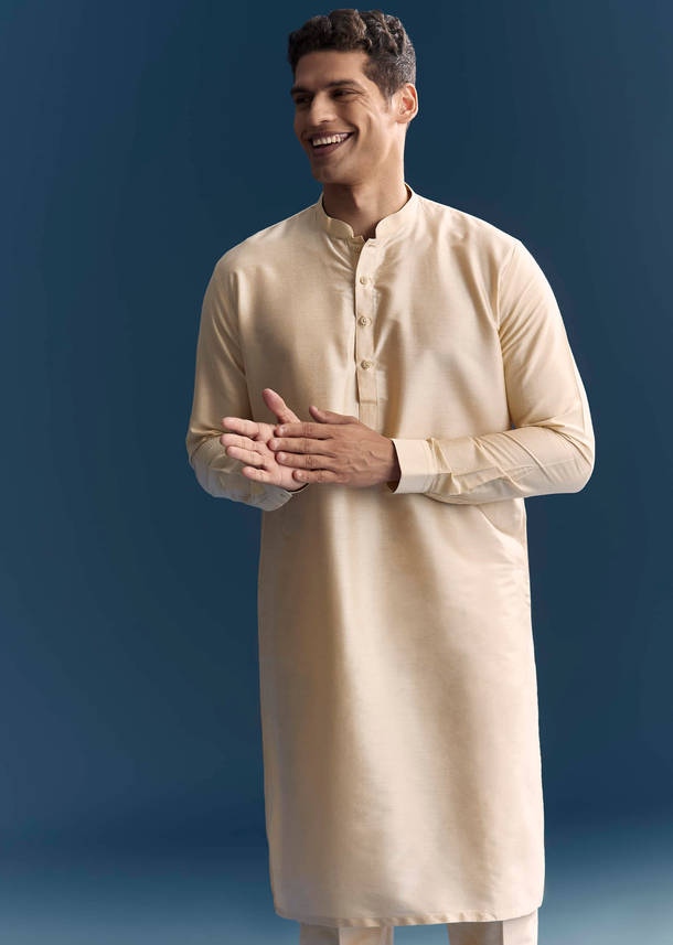 Cream Jacquard Kurta Jacket Set For Men With Printed Jacket