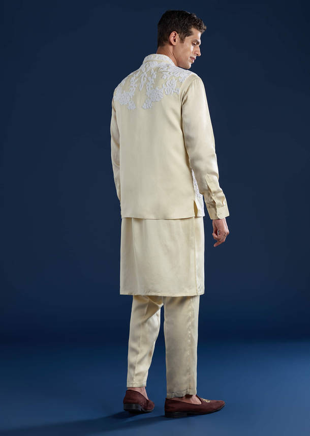 Cream Linen Satin Jacket Kurta Set with Dori Work