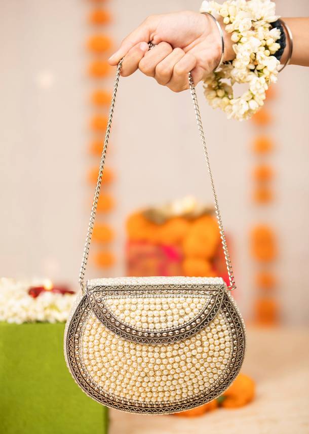 Cream Pearl Embellished Sling Bag