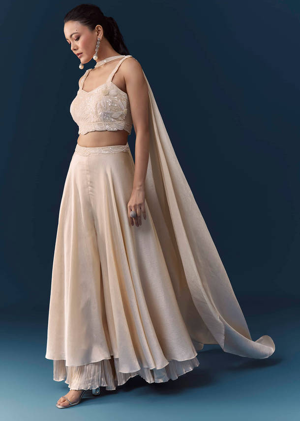 Cream Silk Sequin Work Crop Top Set with Dupatta