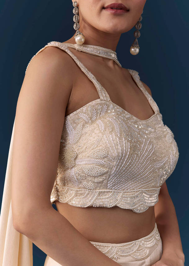 Cream Silk Sequin Work Crop Top Set with Dupatta