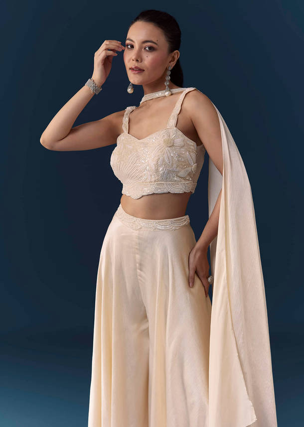 Cream Silk Sequin Work Crop Top Set with Dupatta
