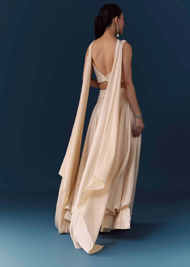 Cream Silk Sequin Work Crop Top Set with Dupatta