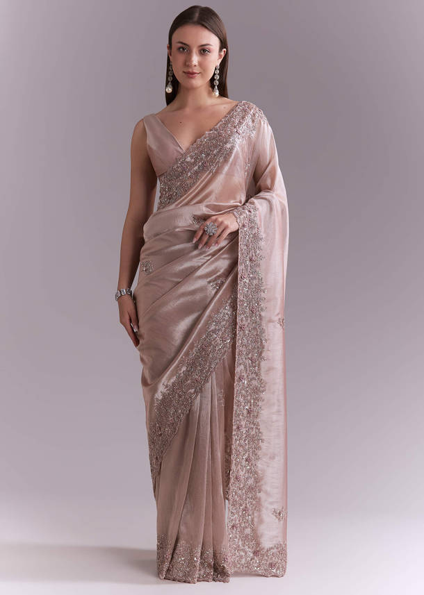Dusty Pink Tissue Saree With Floral Butti Embroidery
