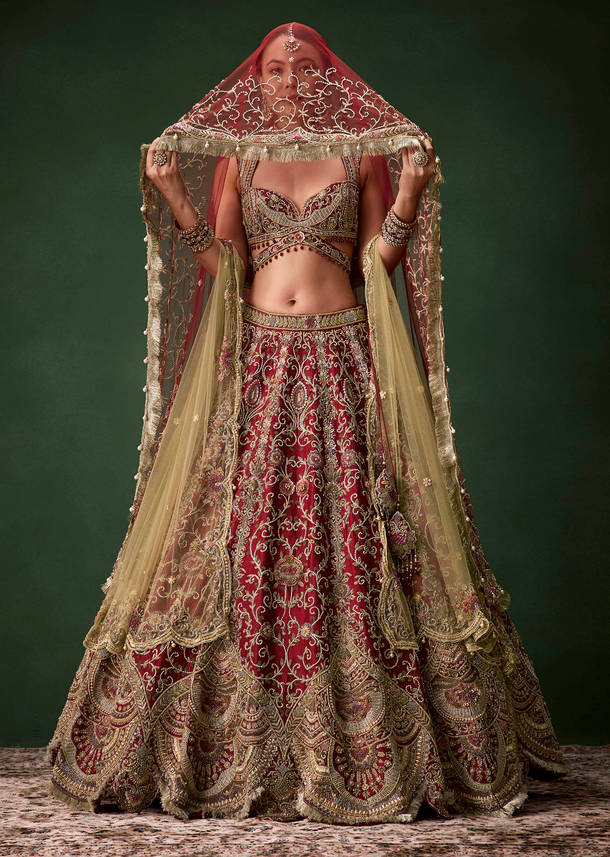 Embroidered Raw Silk Bridal Lehenga Set with Two Dupattas